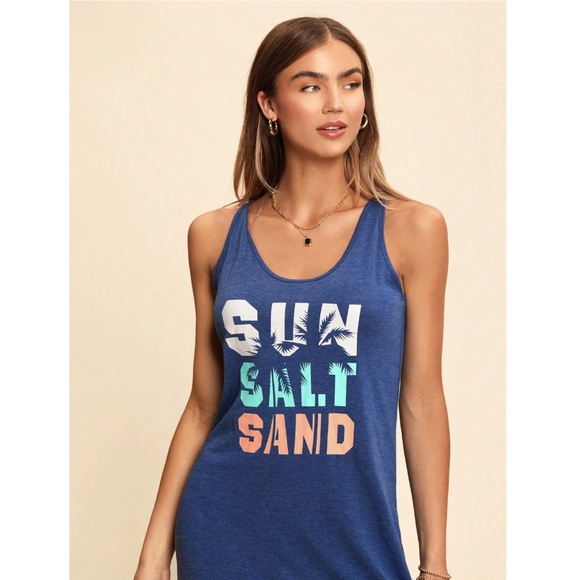 Blue Tank Mini Dress Tropical Graphic Letter Print - Picture 4 of 13